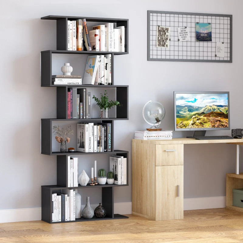 Wooden S Shape Bookcase 6 Shelves Storage Display Home Office Furniture
