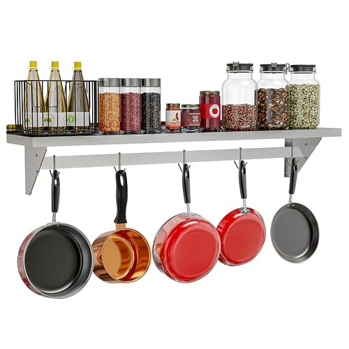 Stainless Steel Heavy Duty Wall Shelf with Pot Rack - 12 inches x 60 inches - Free Shipping