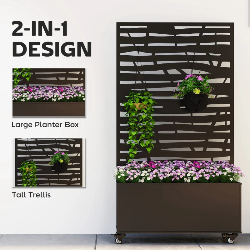 Metal Planter Box with Trellis, Raised Garden Bed with Twigs Slatted Cut-Out Privacy Screen and Wheels