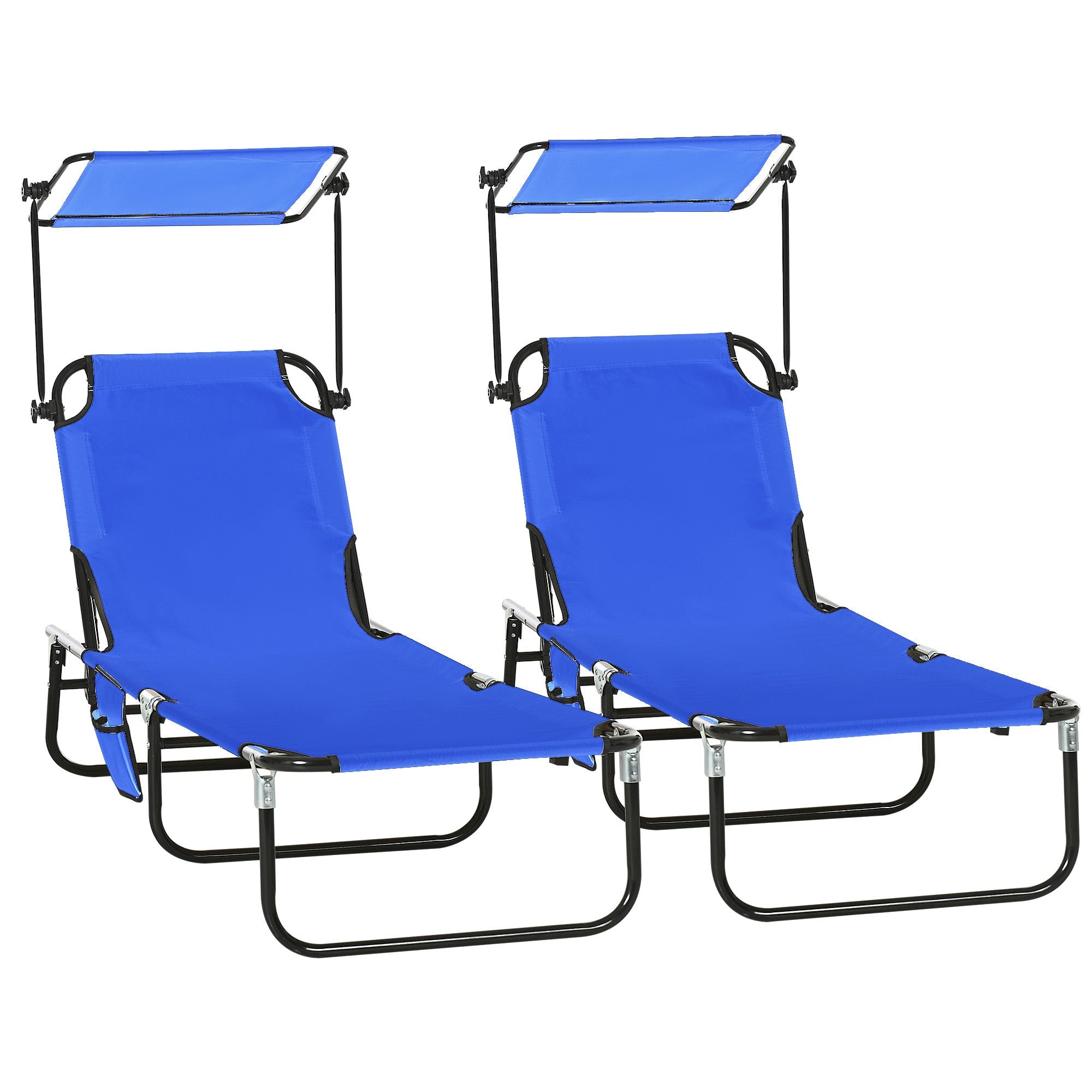 Outsunny 2 Piece Folding Outdoor Chaise Lounges, Pool, Sun, Tanning Chairs with Reclining Back, Sunshade for Beach, Patio, Blue 