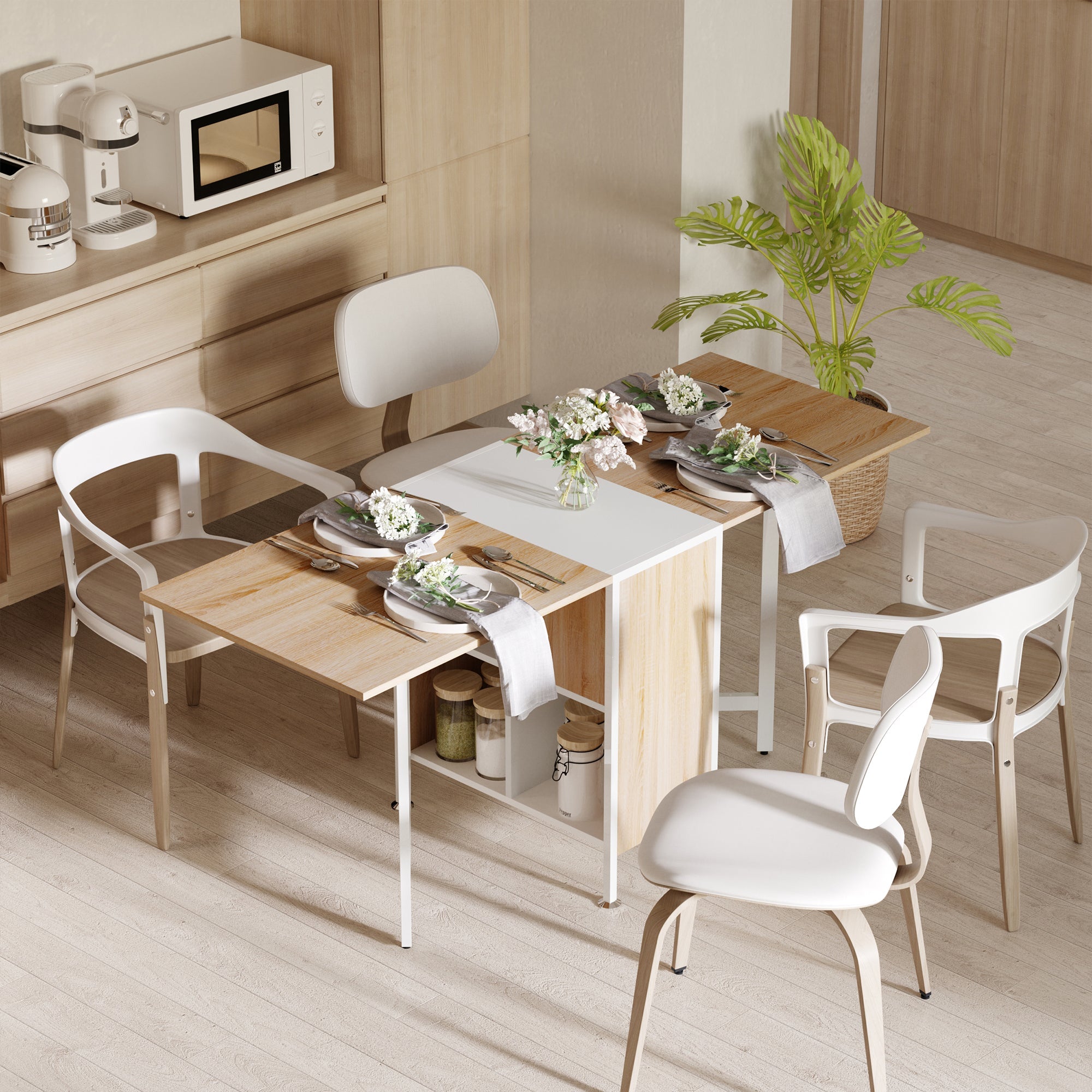HOMCOM Folding Dining Table Multi-use Drop Leaf Table with Storage Shelves Space Saving Design Oak 