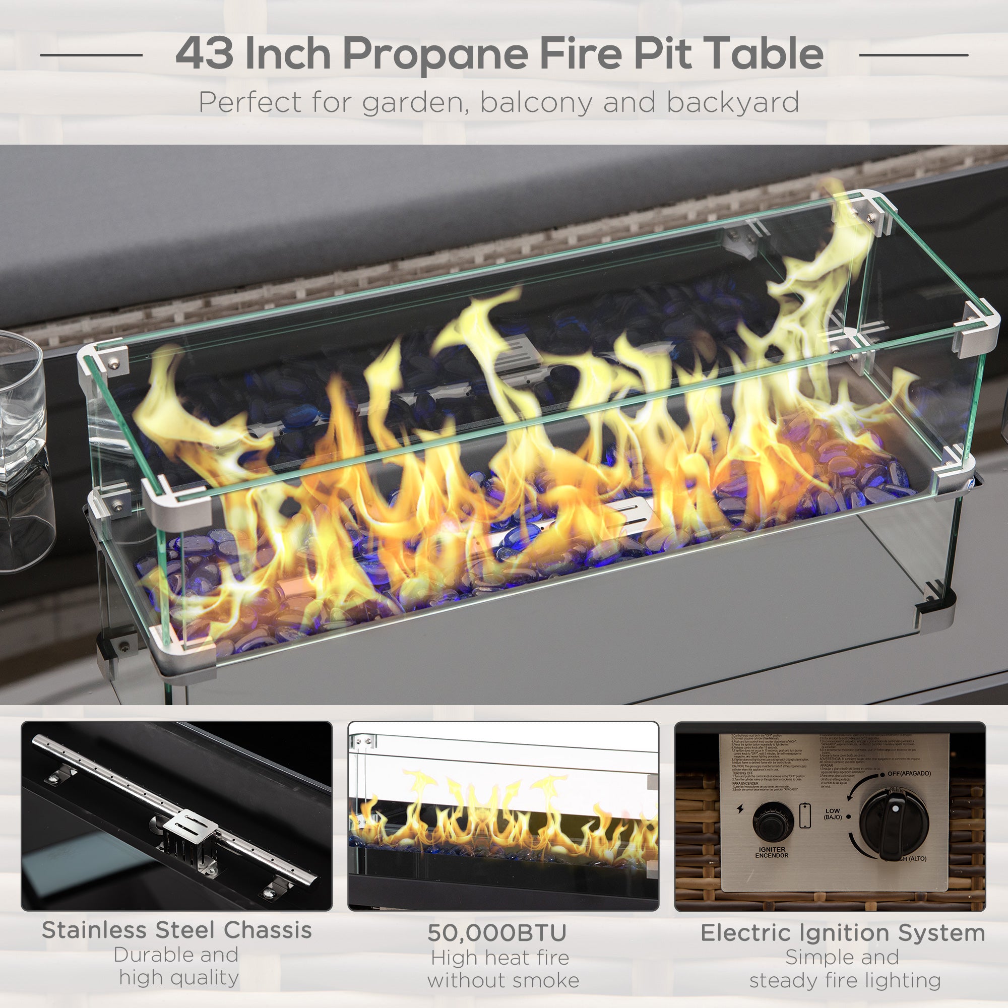 Outsunny Propane Fire Pit Table 43in Outdoor Square Fire Table, 50,000 BTU Pulse-Ignition Wicker Firepit Furniture Wind Guard 