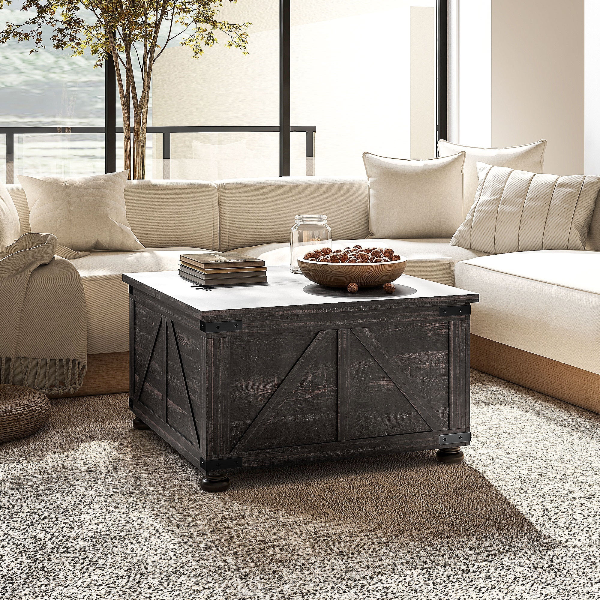 HOMCOM Farmhouse Coffee Table, Square Center Table with Flip-top Lids, Hidden Storage Compartment and Wooden Legs, Distressed Brown 