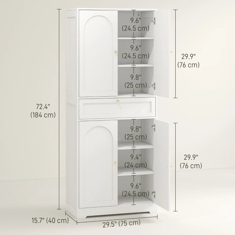 72.4" Tall Kitchen Pantry Cabinet, Modern Freestanding Storage Cabinet with Shaker Doors and Adjustable Shelves, White