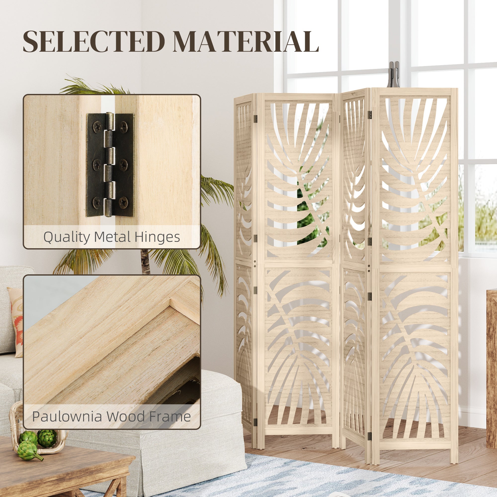 HOMCOM 4 Panel Room Divider, Detachable Folding Privacy Screens with Palm Leaf Design for Home Office, Natural Wood Finish 