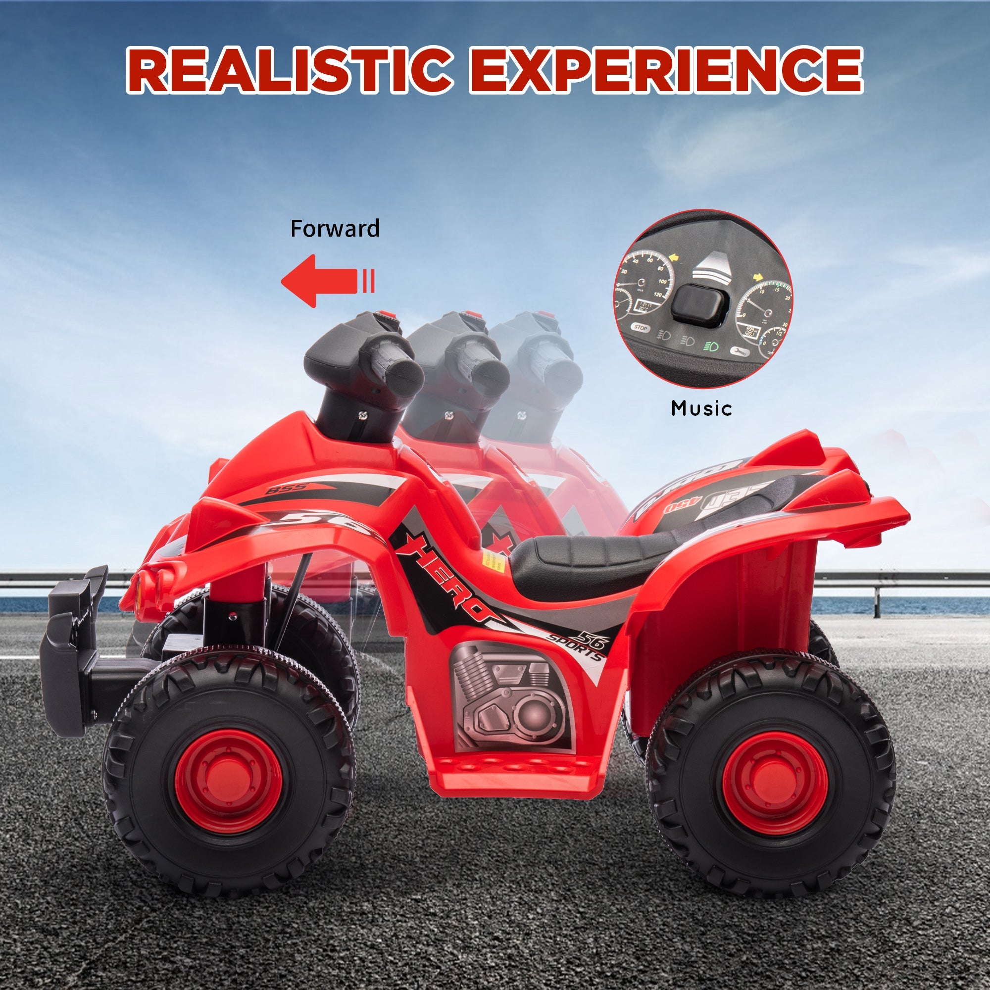 Qaba 6V Kids ATV Quad w/ Music, Forward, for 2-6 Years, Red 