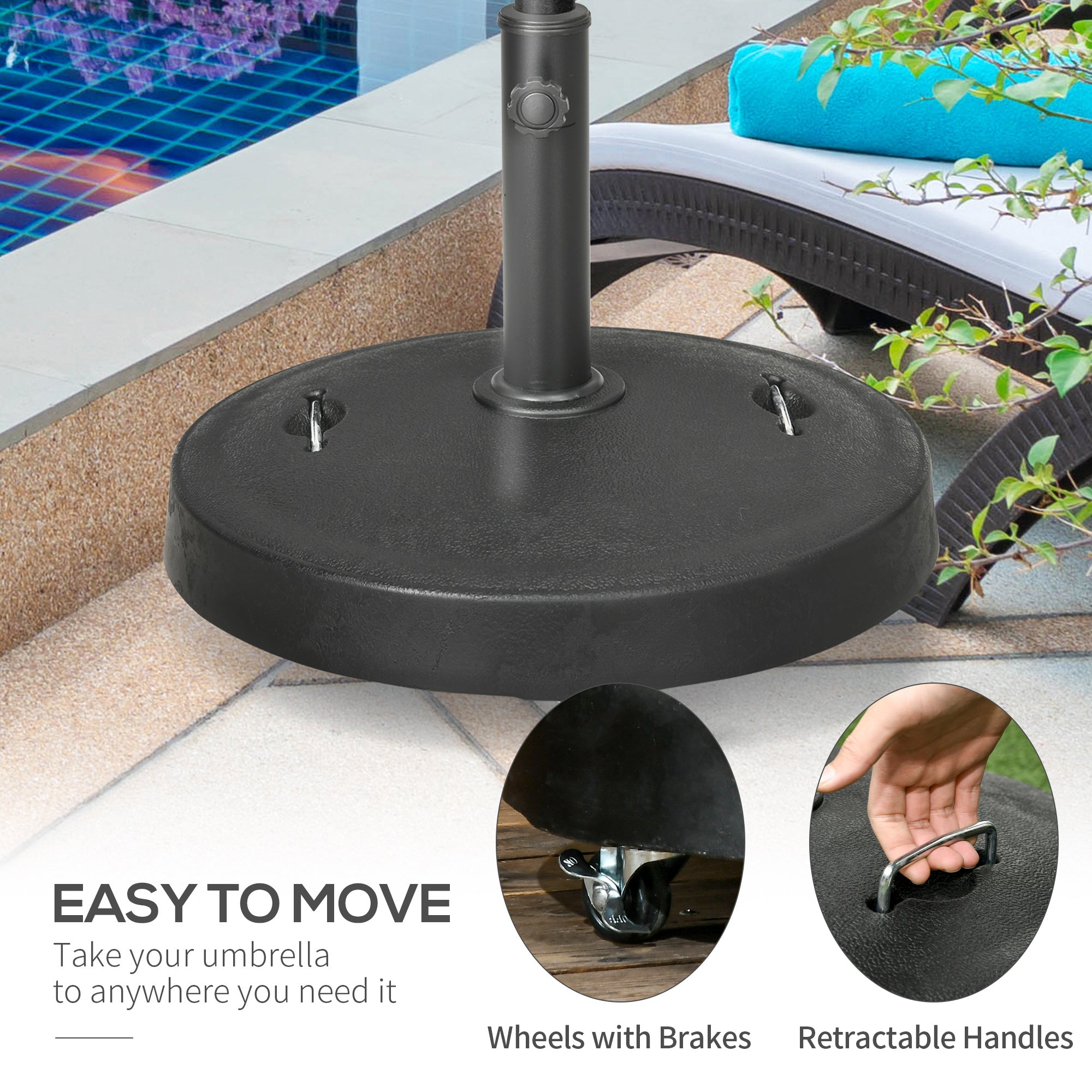 Outsunny Patio Umbrella Stand 20.9" Round with Lockable Wheels 51lb Heavy Duty Base Black 