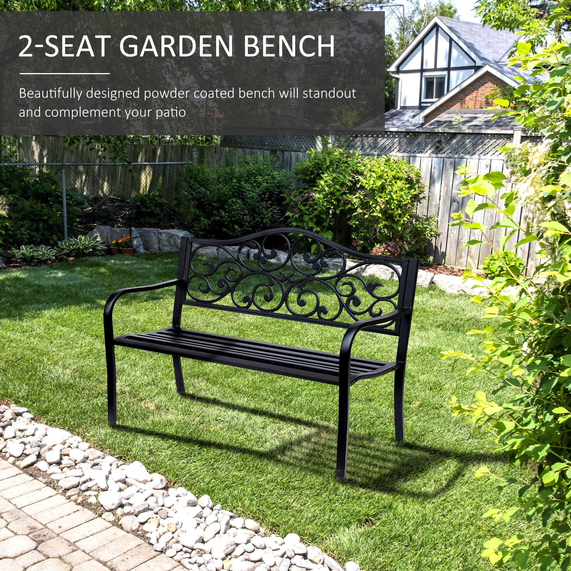 Outsunny Garden Bench Outdoor Loveseat with Vintage Floral Pattern Cast Metal, 50" x 23.6" x 35", Black 