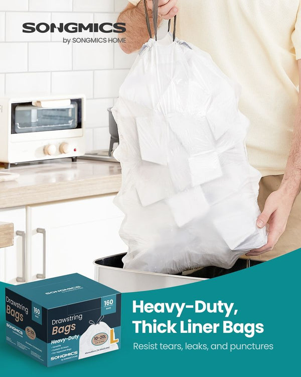 SONGMICS Drawstring Trash Bags, 5.3 Gallon (20 L), 160 Count, Heavy-Duty White Garbage Bags