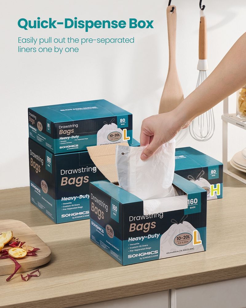 SONGMICS Drawstring Trash Bags, 5.3 Gallon (20 L), 160 Count, Heavy-Duty White Garbage Bags