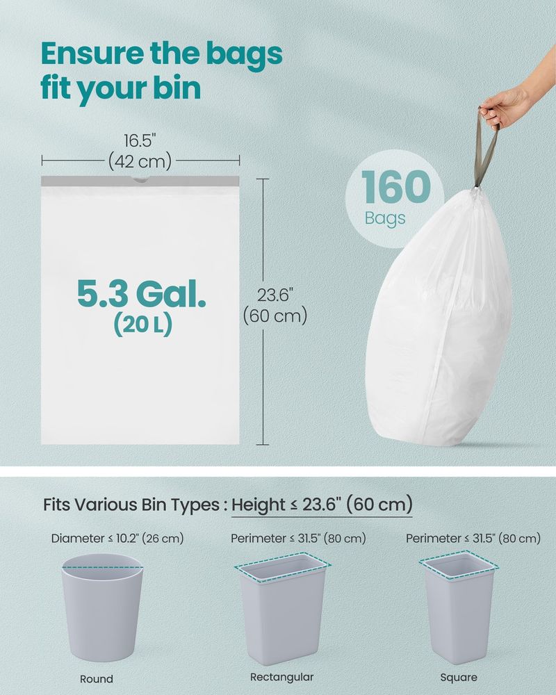 SONGMICS Drawstring Trash Bags, 5.3 Gallon (20 L), 160 Count, Heavy-Duty White Garbage Bags