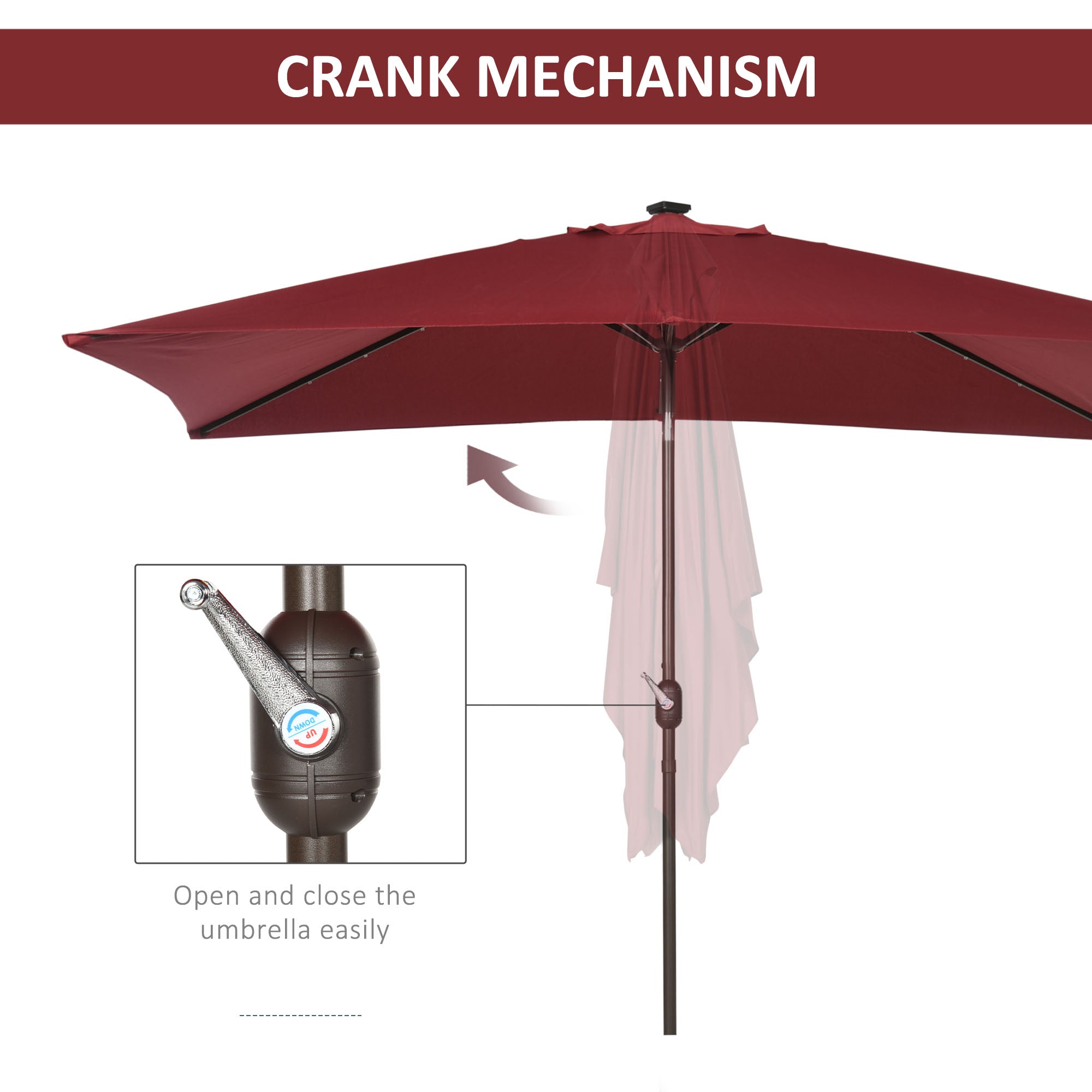 Outsunny 6.5x10ft Patio Umbrella Rectangle Solar Powered Tilt Aluminum Outdoor Market Parasol with LEDs Crank (Wine Red) 