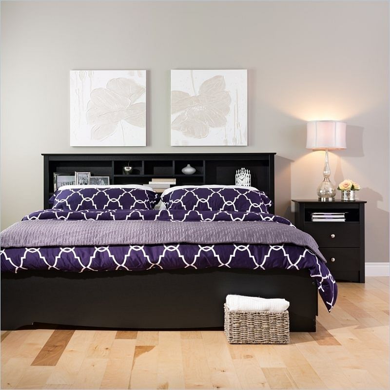 King size Bookcase Headboard in Black Wood Finish - Free Shipping