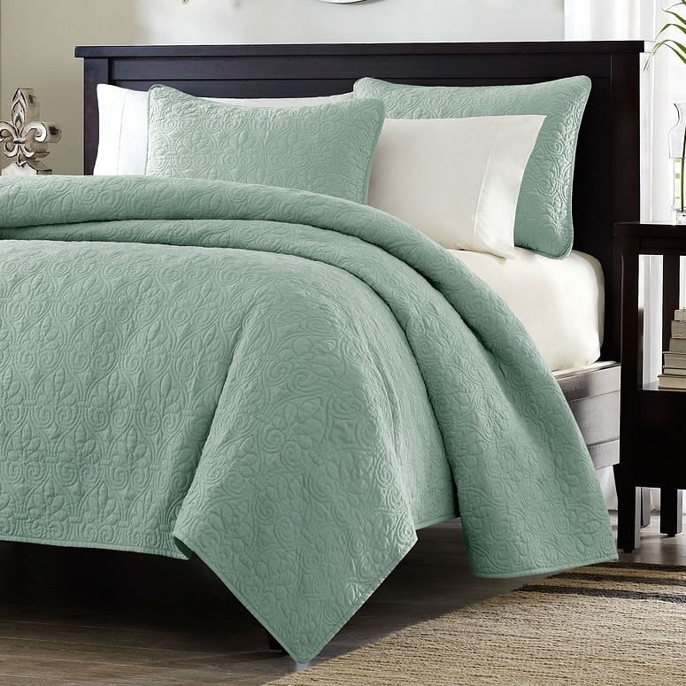 King size Seafoam Green Blue Coverlet Set with Quilted Floral Pattern - Free Shipping