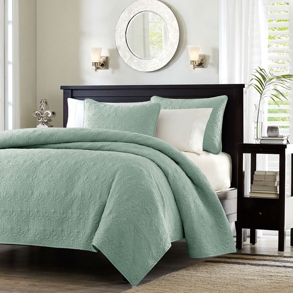 King size Seafoam Green Blue Coverlet Set with Quilted Floral Pattern - Free Shipping 