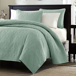 King size Seafoam Green Blue Coverlet Set with Quilted Floral Pattern - Free Shipping 