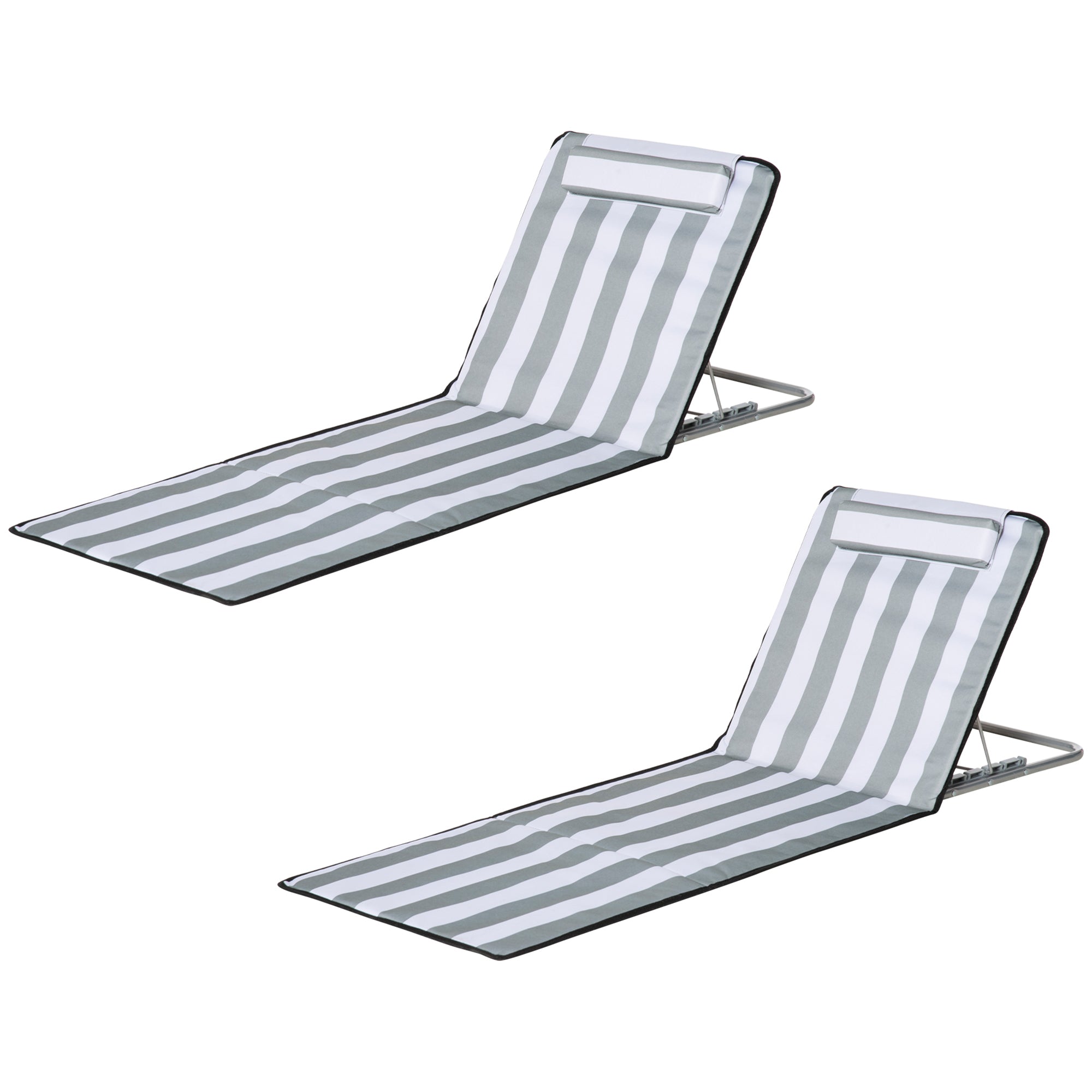 Outsunny 2 Pieces Beach Lounge Chair, Outdoor Folding Chaise Lounge Set w/ Pillow for Sunbath, Snap, Light Grey and White 