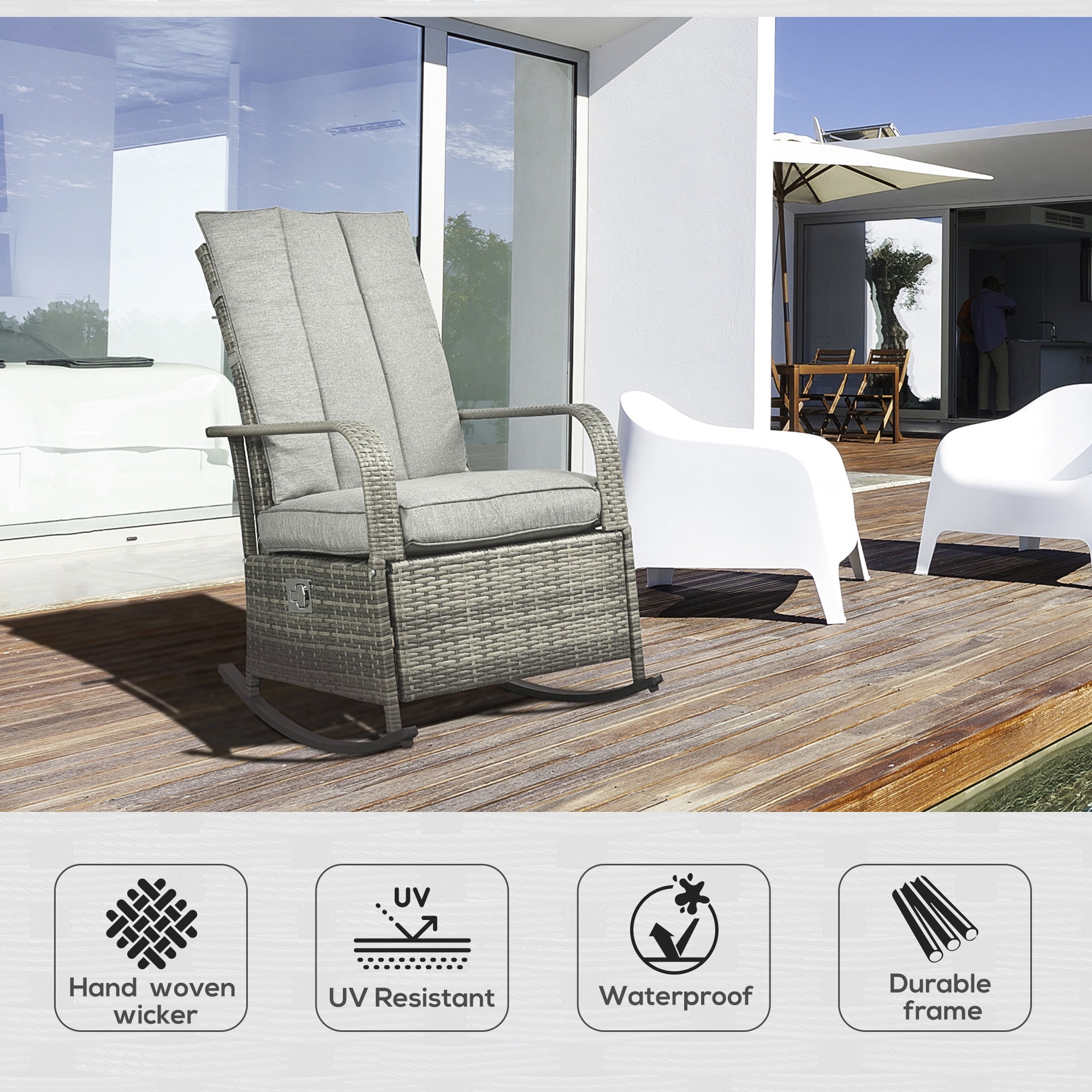 Outsunny Rattan Wicker Rocking Chair Outdoor Patio Recliner with Cushion Adjustable Footrest Grey 