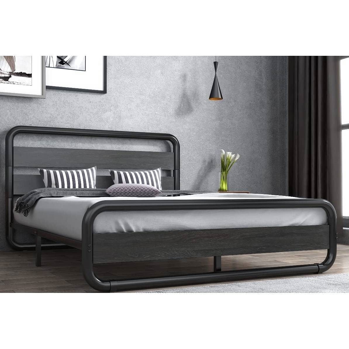 King Heavy Duty Round Metal Frame Platform Bed with Black Wood Panel Headboard - Free Shipping