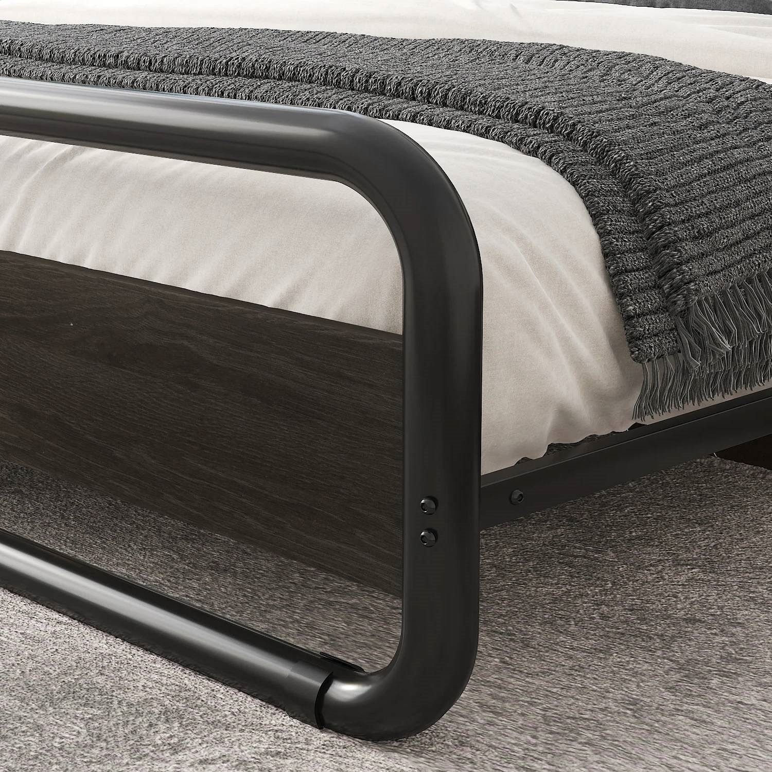 King Heavy Duty Round Metal Frame Platform Bed with Black Wood Panel Headboard - Free Shipping 