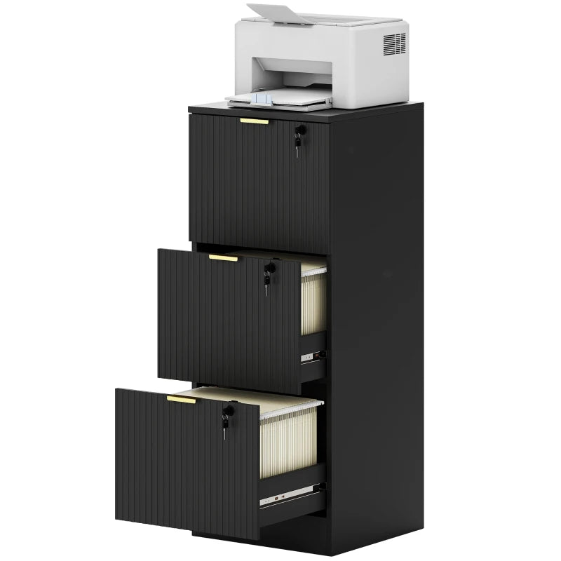 Lockable Filing Cabinet with 3 Fluted Drawers, File Cabinet with Adjustable Hanging Rails for A4 Letter Files, Black