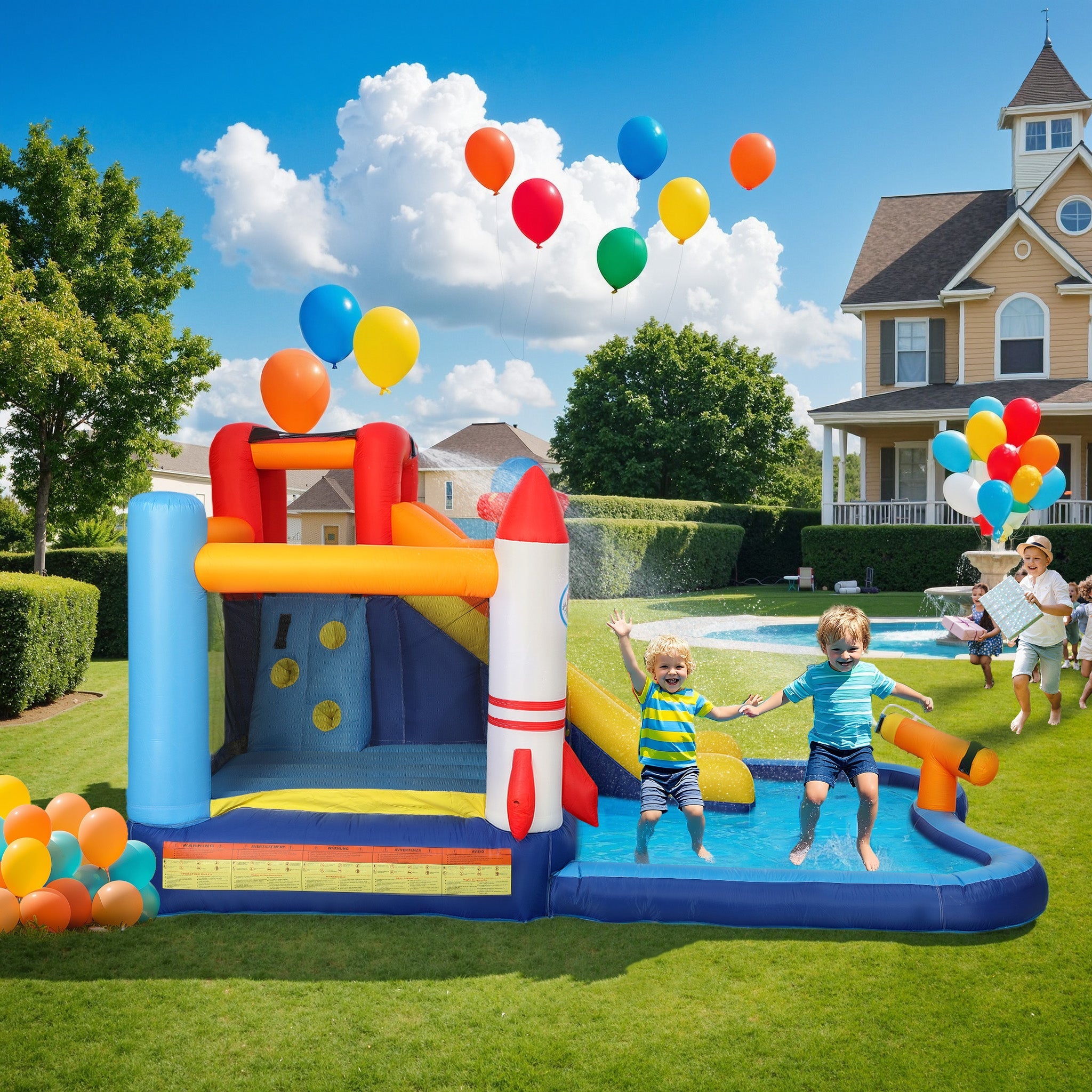 Qaba 5 in 1 Inflatable Bouncy Castle for Kids with 550W Blower, Splash Pool, Jumping Area, Climbing Wall, Cannon 