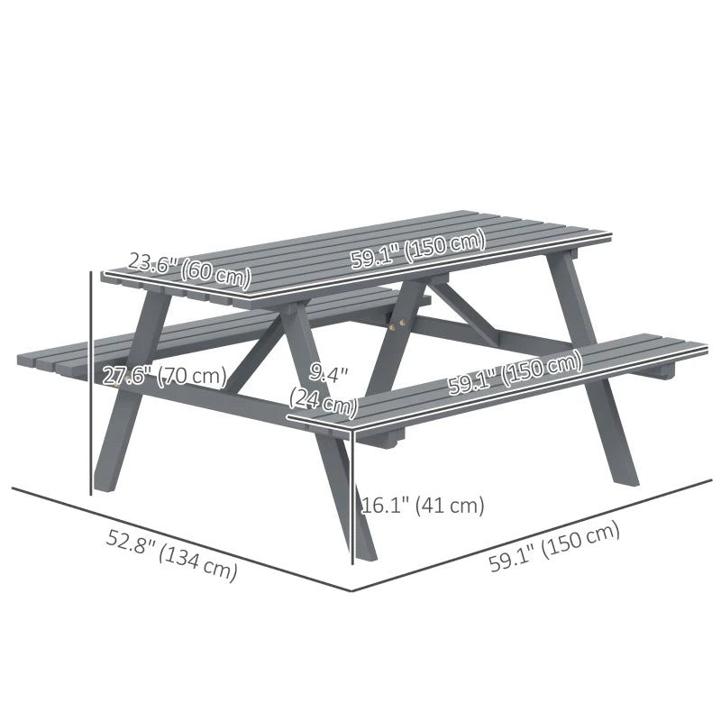 Wood Picnic Table, Camping Table and Bench Set with Umbrella Hole for Outdoor, Garden, Patio, Backyard, Grey