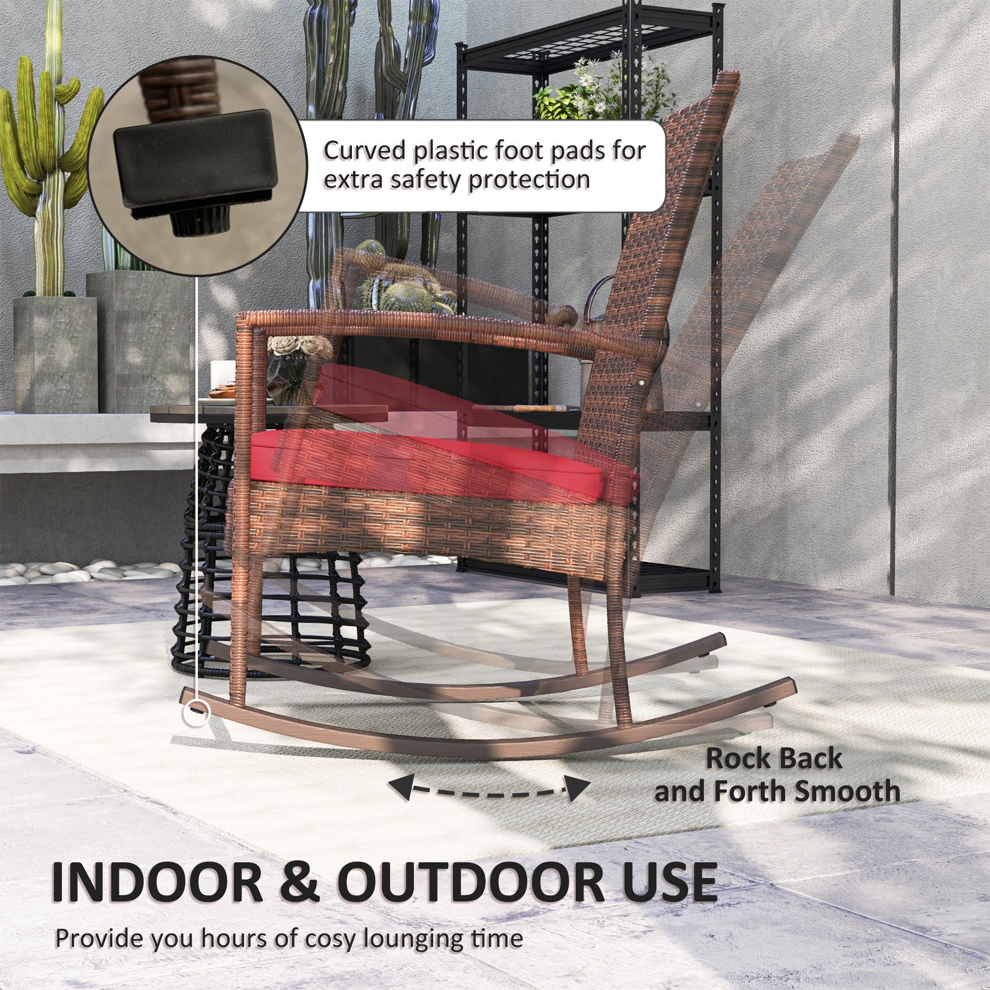 Outsunny Outdoor PE Rattan Rocking Chair, Garden Glider Rocking Chair, Wicker Patio Chair Set with Armrest and Cushion, Wine Red 