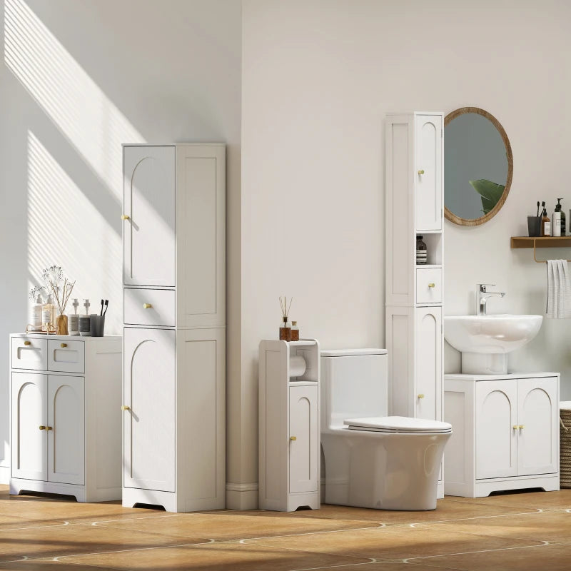 67" Tall Bathroom Cabinet, Slim Bathroom Storage Cabinet with 2 Doors, Drawer and Adjustable Shelf, White Wood Grain