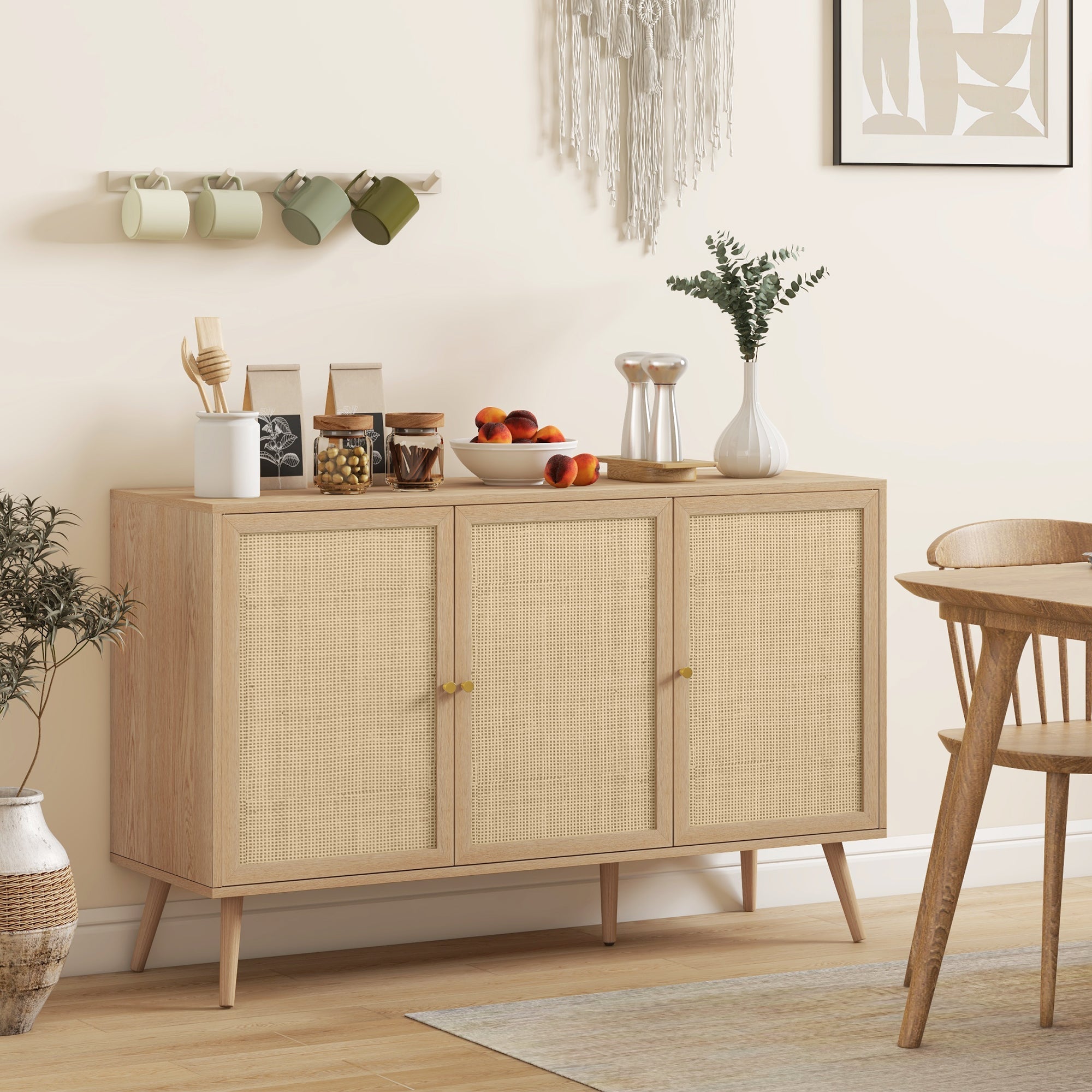 HOMCOM Kitchen Sideboard Cabinet, Boho Storage Cabinet with Shelves, Wood Legs, Decorative Rattan Doors, Natural 
