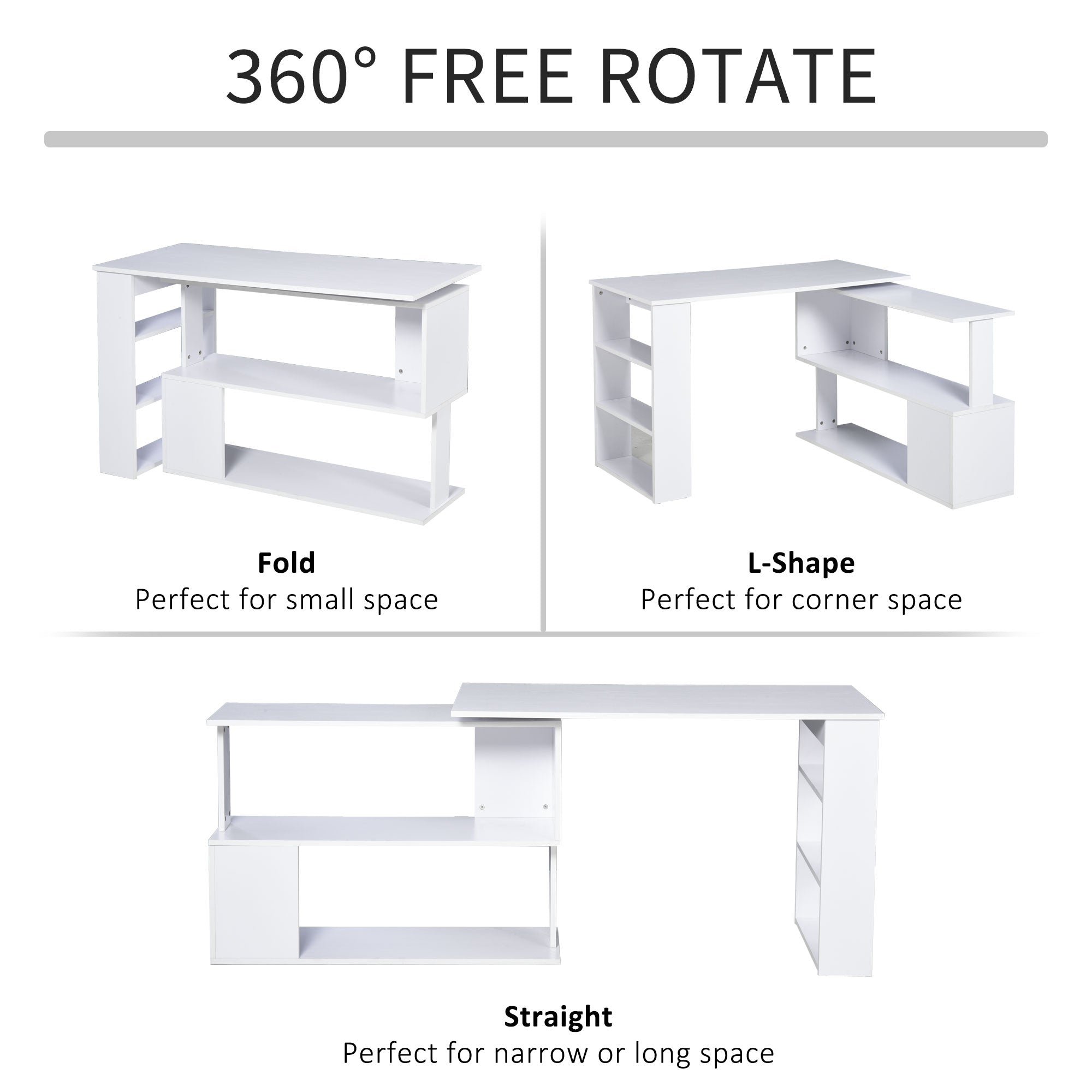 HOMCOM White L-Shaped Desk - 360° Rotating Corner Computer Writing Table with Storage Shelf for Home Office 