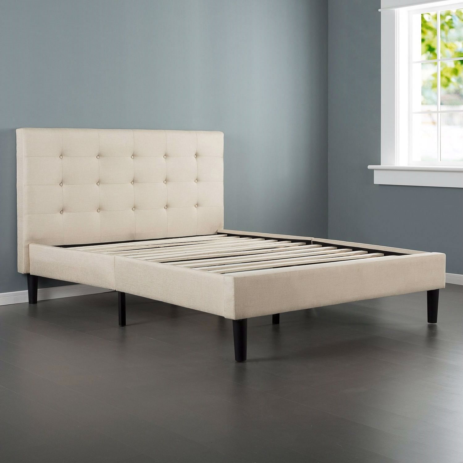 King size Upholstered Platform Bed Frame with Button Tufted Headboard in Taupe - Free Shipping