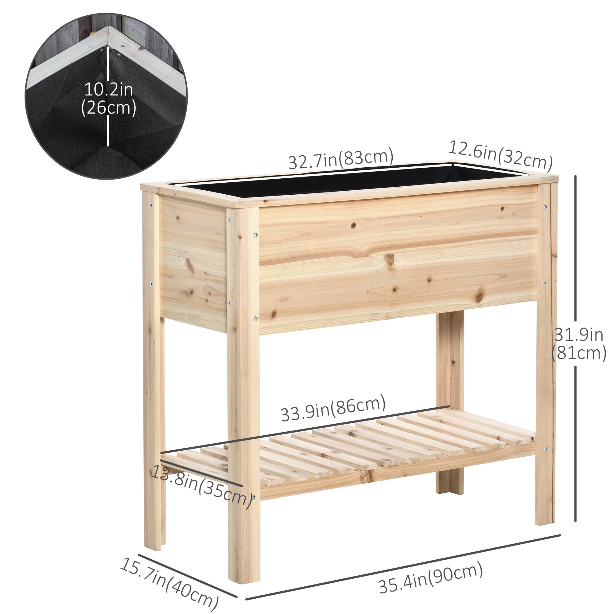 Outsunny Elevated Wooden Planter Box with Shelf for Flowers Vegetables Herbs 36" x 16" x 32" Natural 