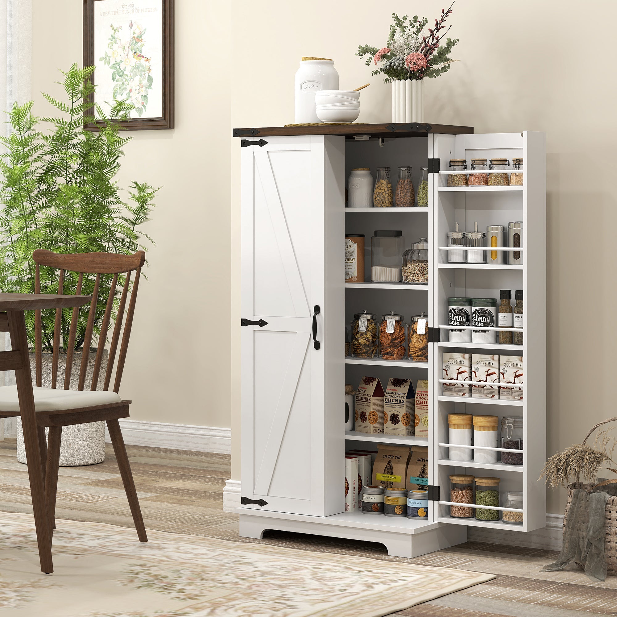 HOMCOM 47" Kitchen Pantry Storage Cabinet, Farmhouse Kitchen Pantry Cabinet with Adjustable Shelves and Door Shelves, White 