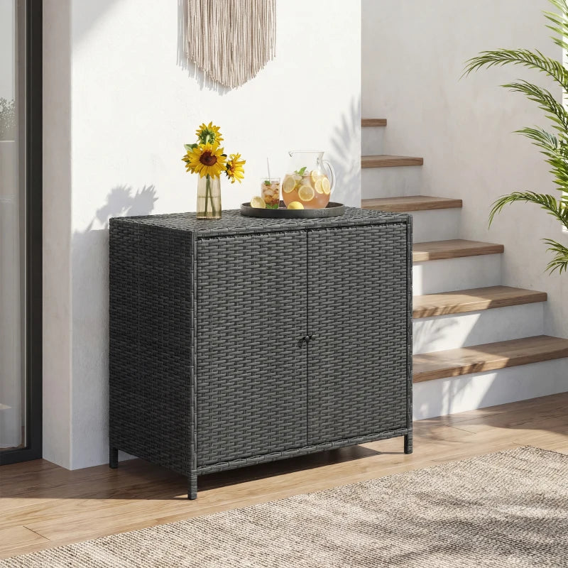 Wicker Outdoor Storage Cabinet Double Magnetic Doors, PE Rattan Outdoor Towel Rack for Pool, Patio, Dark Grey