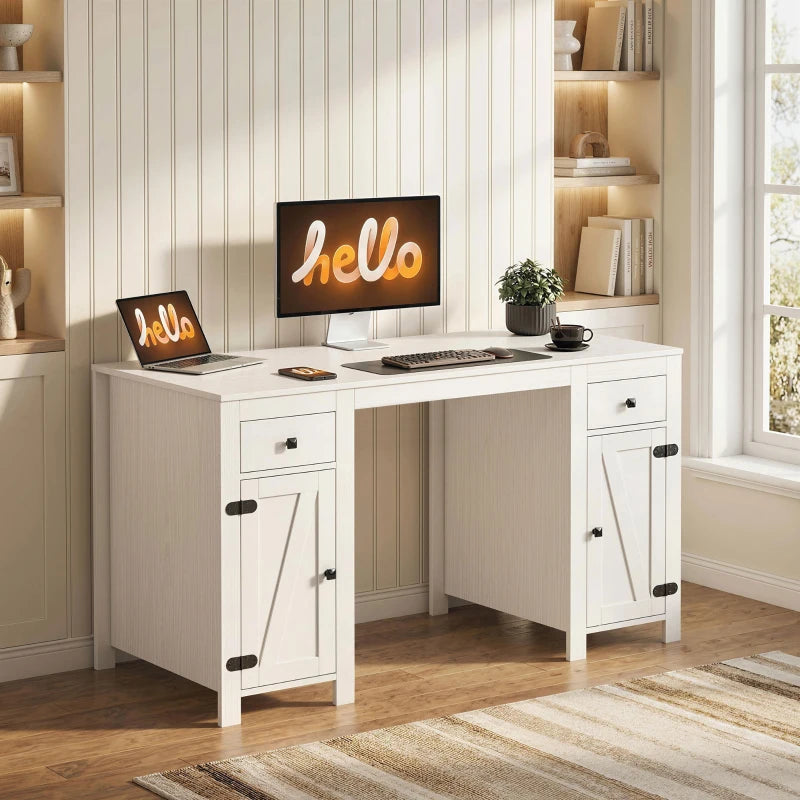 53" Farmhouse Executive Desk, Computer Desk with Drawers and 2 Cabinets, Study Table for Home Office, White Wood Grain