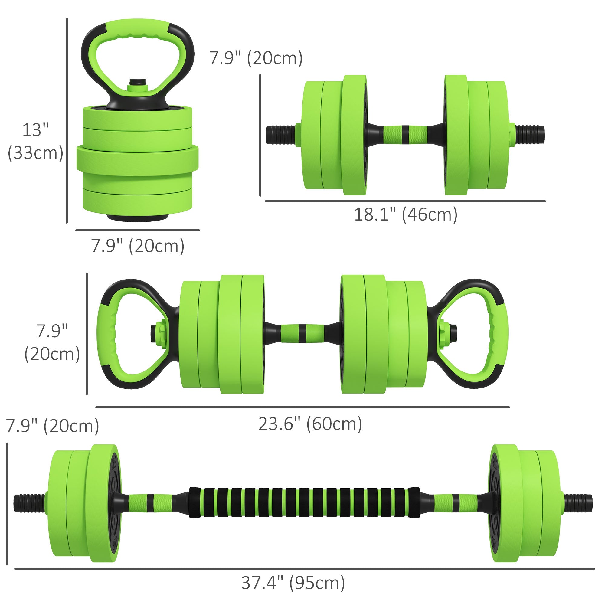 Soozier 4-in-1 Dumbbell Set: 44lbs Adjustable Weights for Barbell, Kettlebell, Push-Up & Fitness Training at Home, Green 