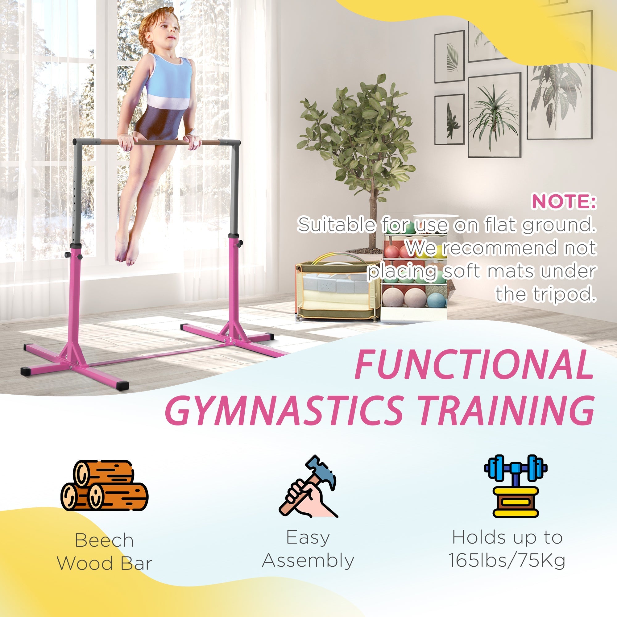 Soozier Professional Home Gymnastics Horizontal Bar for Kids Adjustable Home Gym Fitness w/ Steel Frame and Beechwood 
