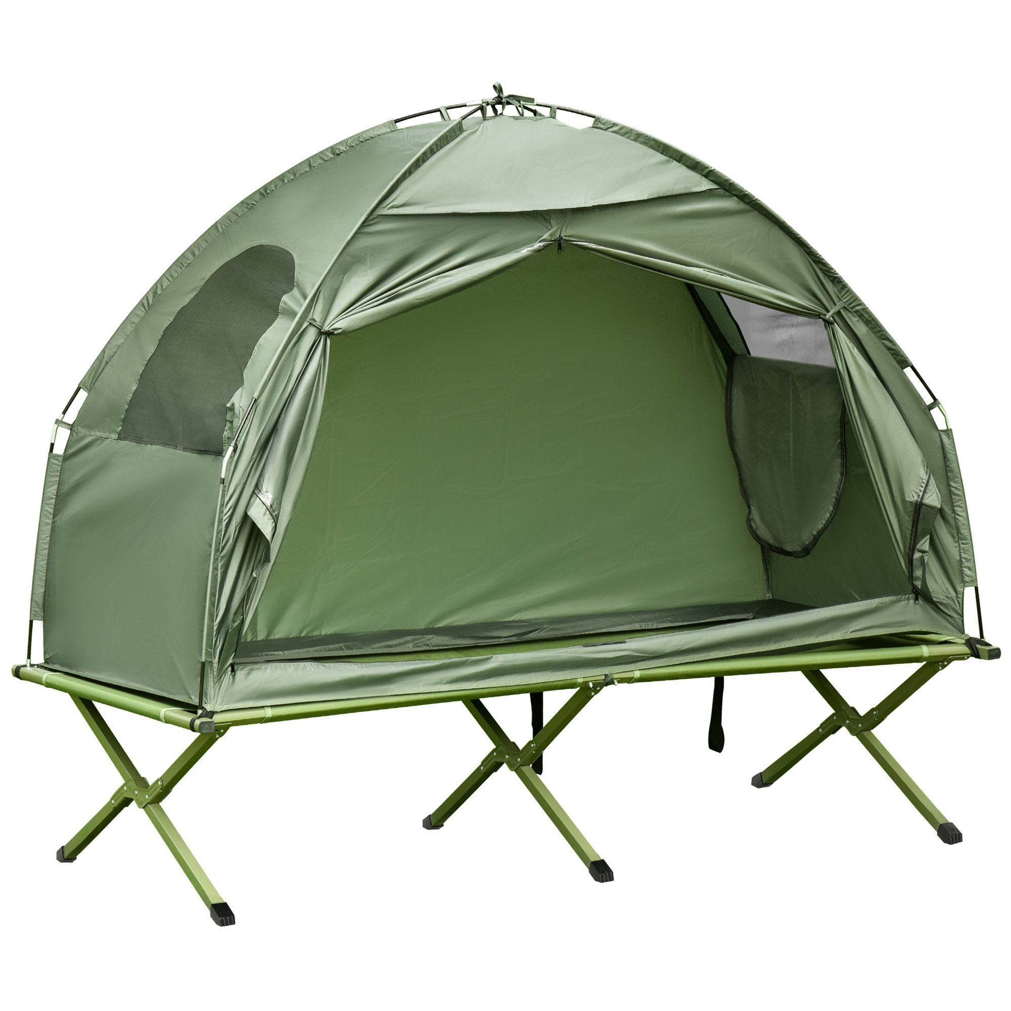 Outsunny Pop Up Camping Cot Tent Combo Set Portable Folding Outdoor Elevated Bed Dark Green 