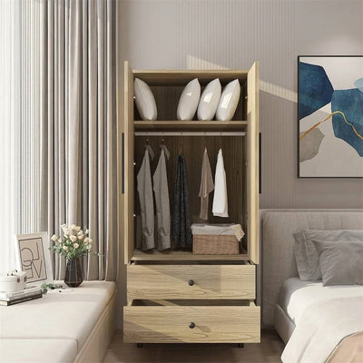 Mid-Century 2-Door Armoire Wardrobe Cabinet with Hanging Rail in Oak Finish - Free Shipping 