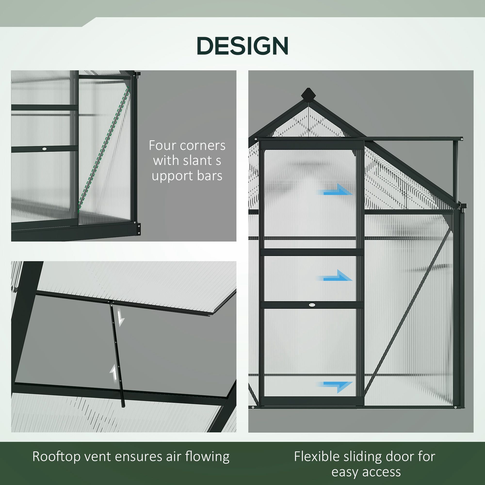 Outsunny 6' x 10' x 6.6' Polycarbonate Greenhouse, Walk-In Green House Kit Garden, Plants Grow, Galvanized Sheet Aluminum Frame with Rain Gutter, Vents and Sliding Door, Grey 