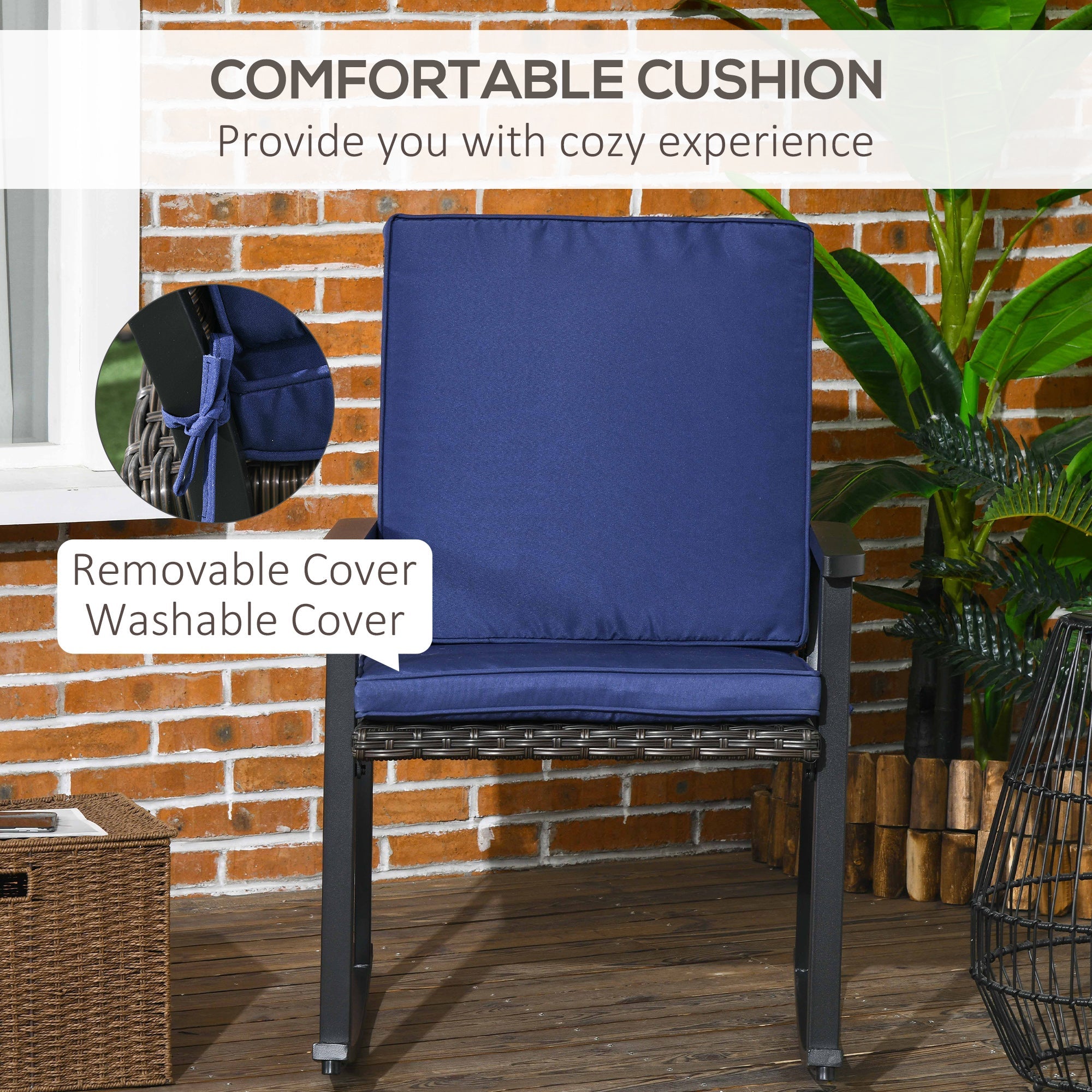 Outsunny Patio Wicker Rocking Chair Outdoor PE Rattan High Back Armrest Seat Cushion Blue Color Furniture 