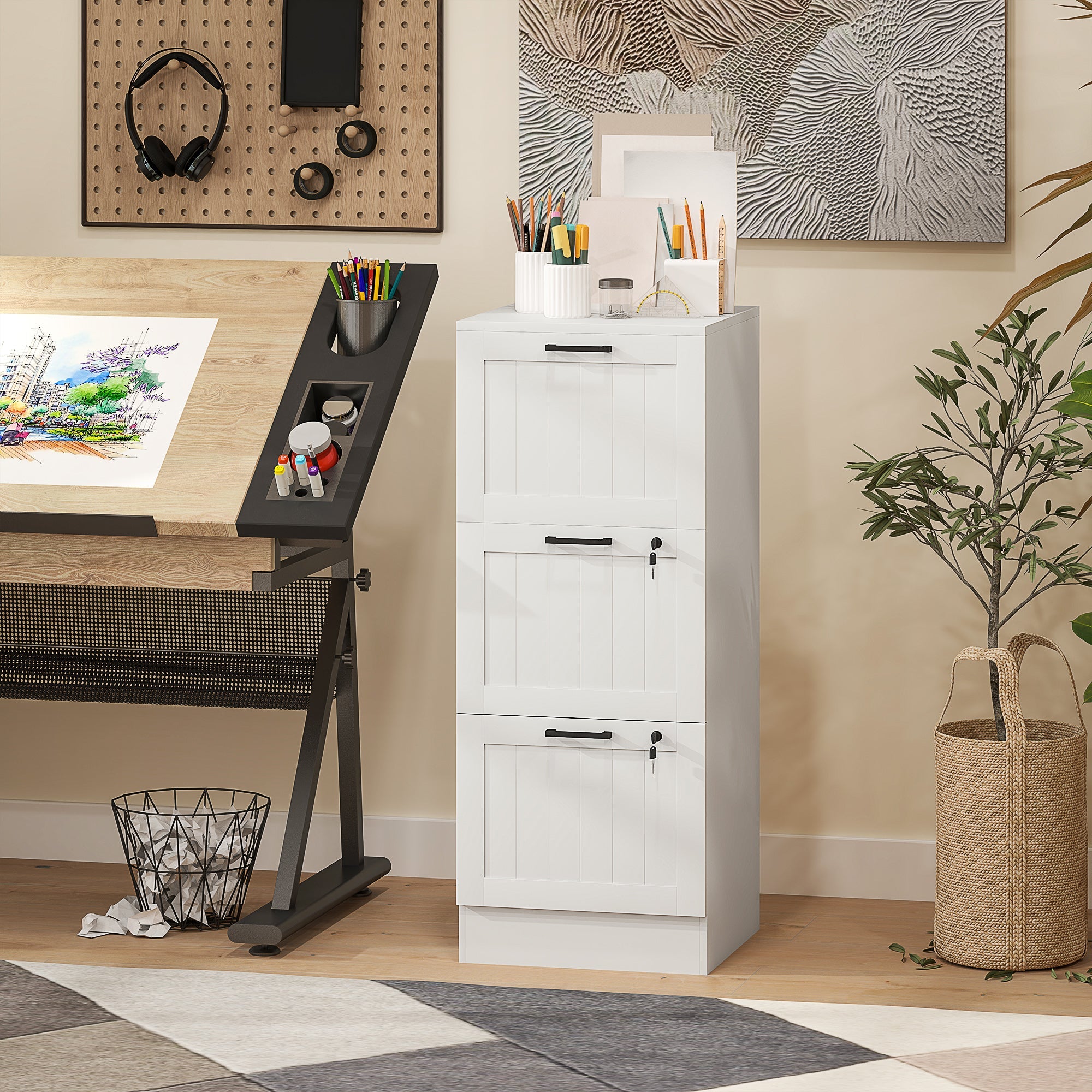 HOMCOM 3 Drawer Filing Cabinet with Lock, Office Storage Cabinet with Adjustable Hanging Bars for A4 Letter Size Files, White 