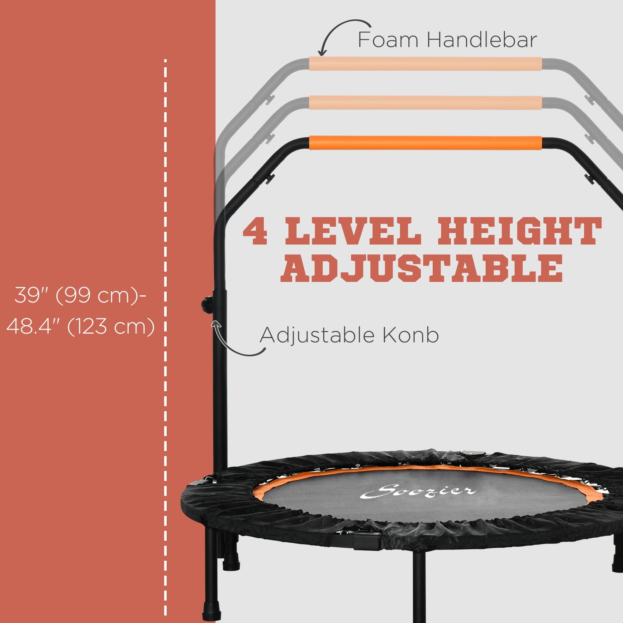 Soozier 40" Foldable Mini Fitness Trampoline, with Adjustable Foam Handle, Orange 
