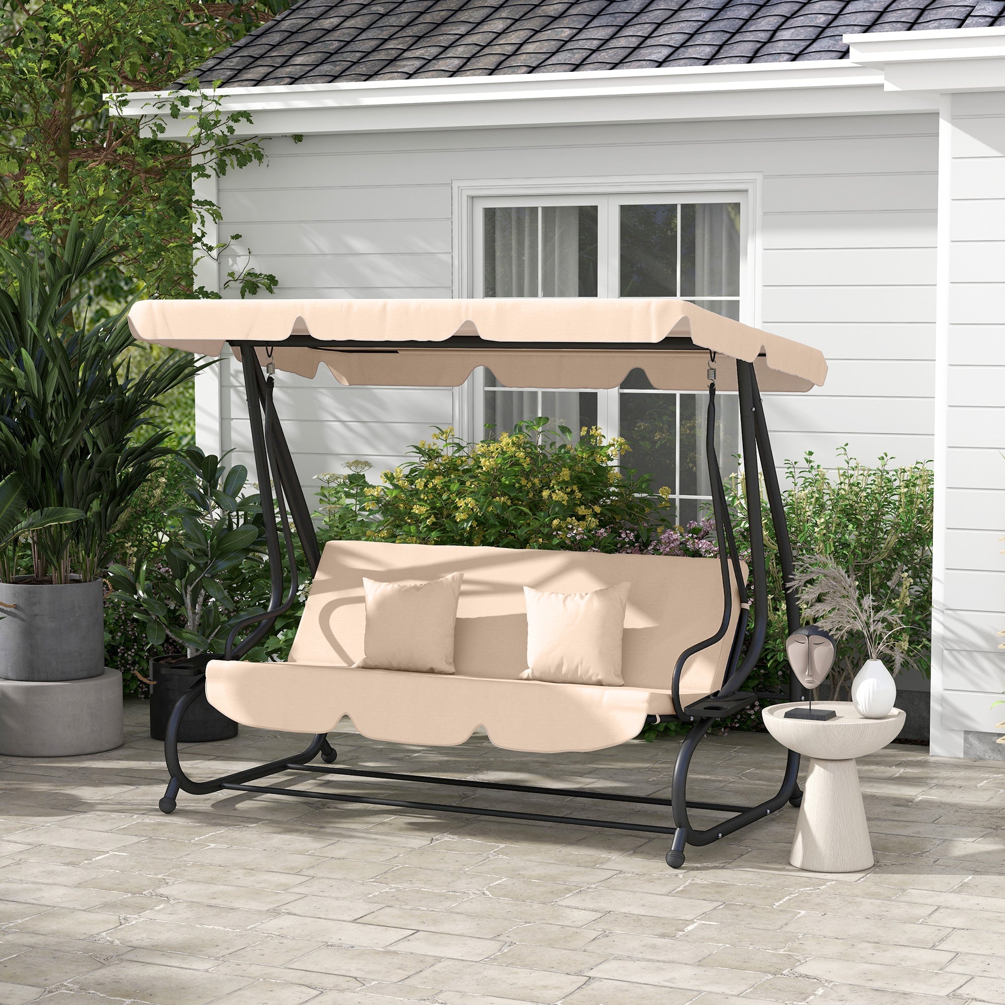 Outsunny 3-Seat Outdoor Patio Swing Chair, Converting Flat Bed, Canopy Swing with Adjustable Shade, Removable Cushions, Cup Holder, Light Brown 