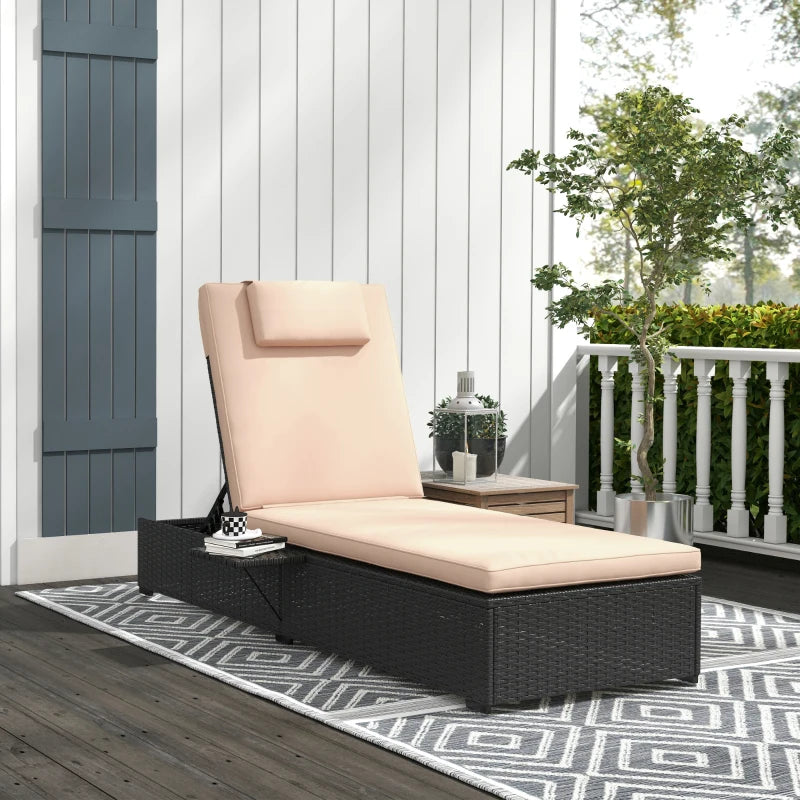 Outdoor Patio Lounger with Cushion, 5-Level Reclining Wicker Chaise Lounge Chair with Tea Tray, for Poolside, Patio, Deck, 264lb Weight Capacity, Beige