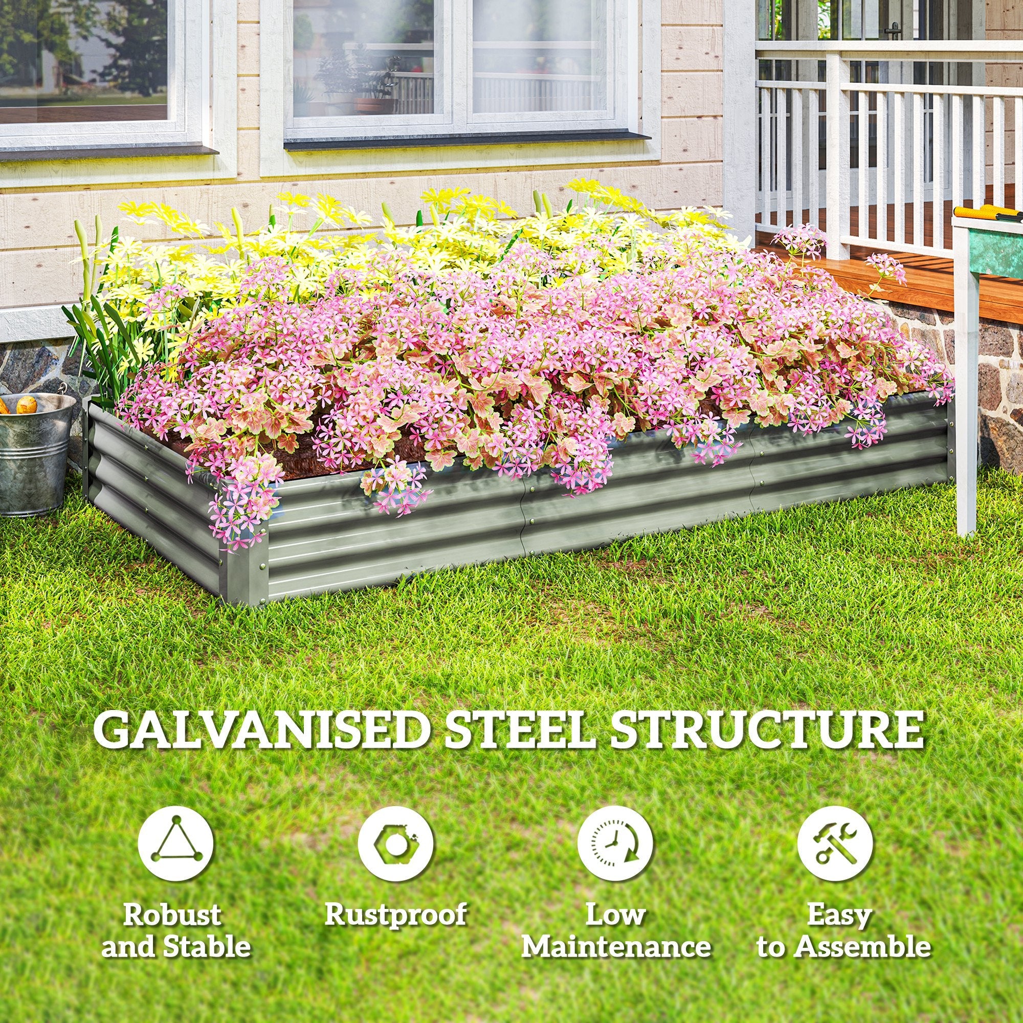Outsunny 8 x 4 x 1ft Galvanized Raised Garden Bed, Reinforced Outdoor Planter Box with Open Bottom, Silver 