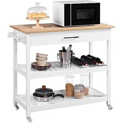 White Kitchen Island Cart with Drawer Storage Shelves and Locking Casters - Free Shipping 