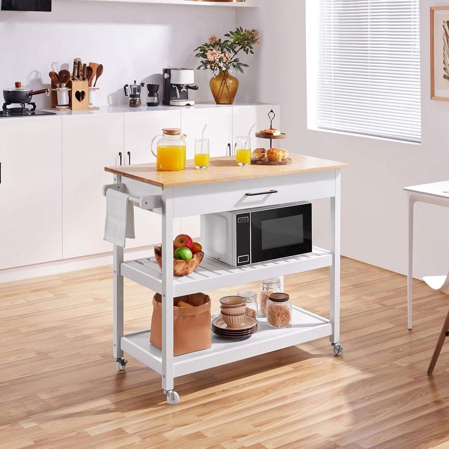 White Kitchen Island Cart with Drawer Storage Shelves and Locking Casters - Free Shipping