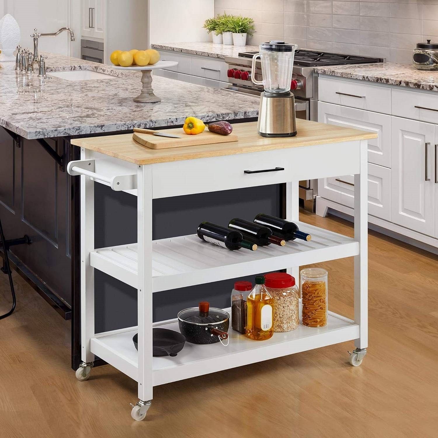 White Kitchen Island Cart with Drawer Storage Shelves and Locking Casters - Free Shipping